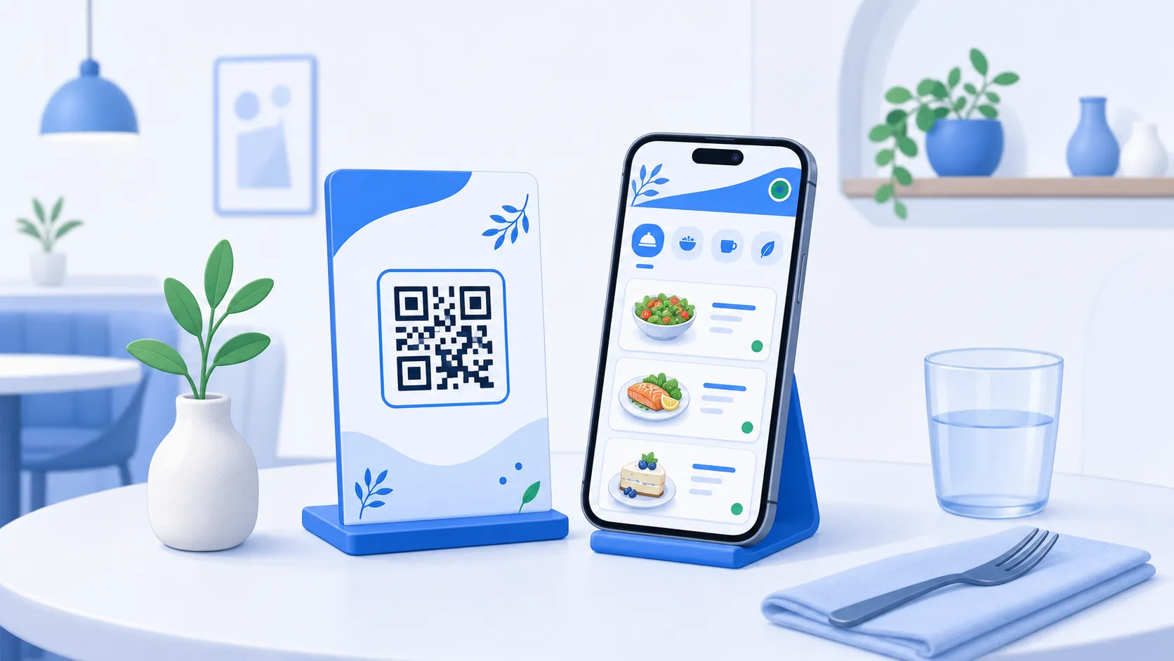 A cafe table display with a styled QR stand, matching menu colors, and a phone showing neatly branded sections and dish cards