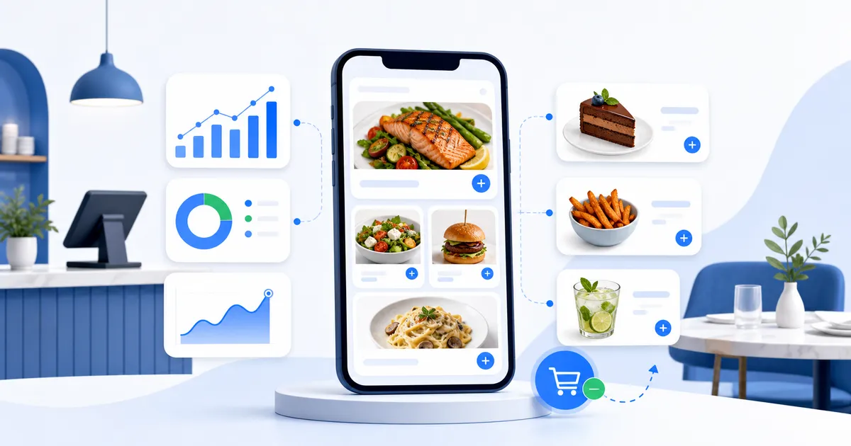 A smartphone menu surrounded by dish cards, add-ons, and simple restaurant analytics