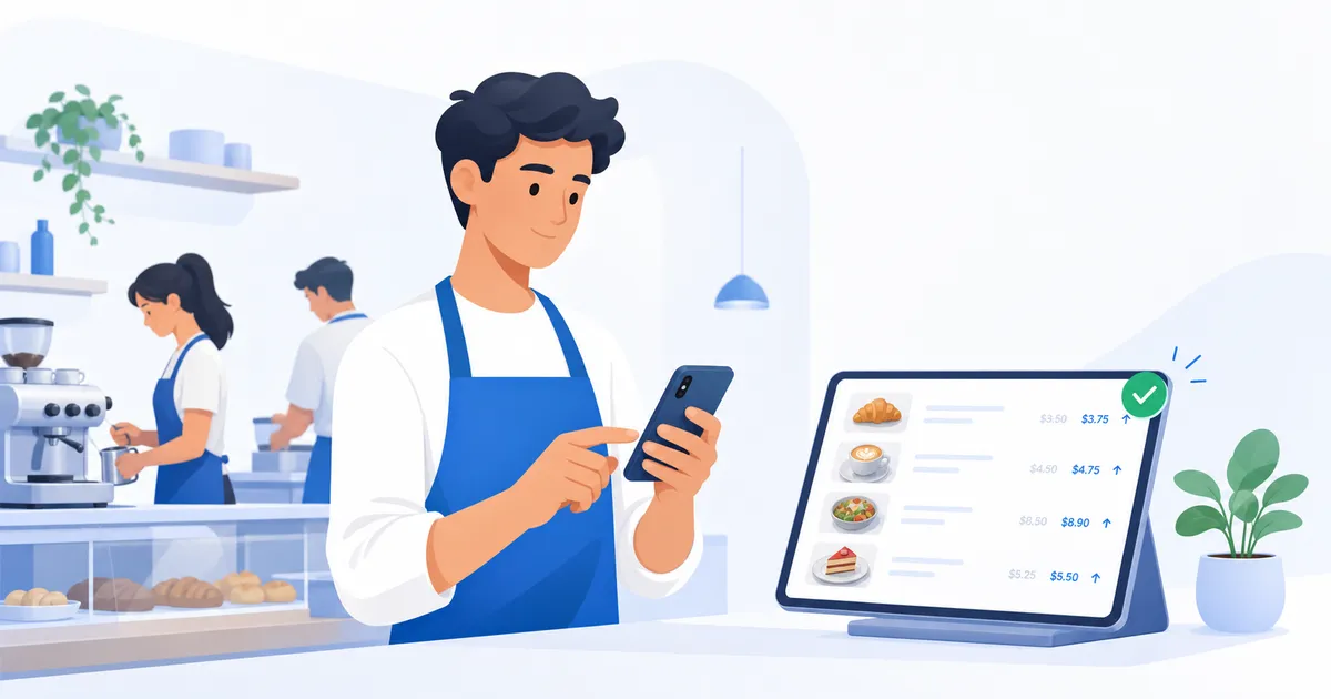 A cafe owner updating digital menu prices from a phone while staff work behind the counter