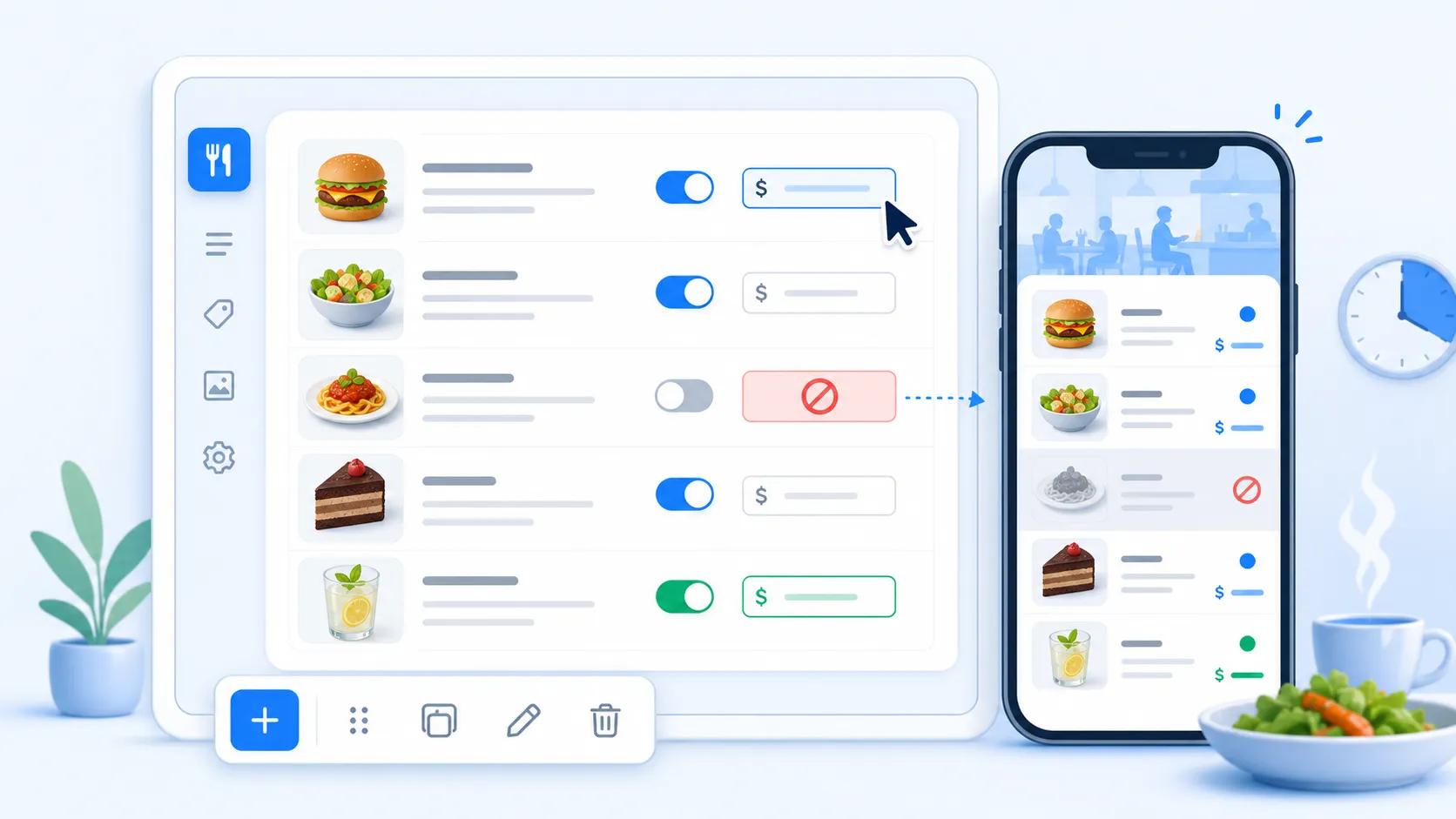 A digital menu editor showing item availability, price edits, and live preview updates during a busy lunch service