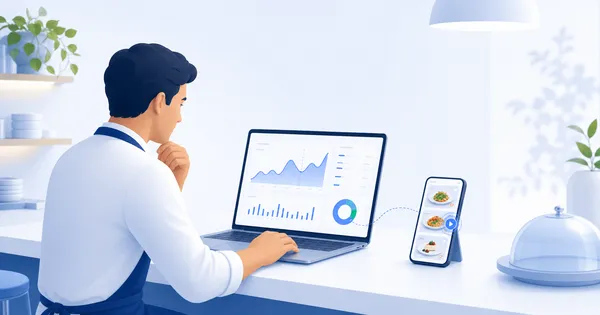 A restaurant owner reviewing menu analytics on a laptop beside a phone showing dish cards