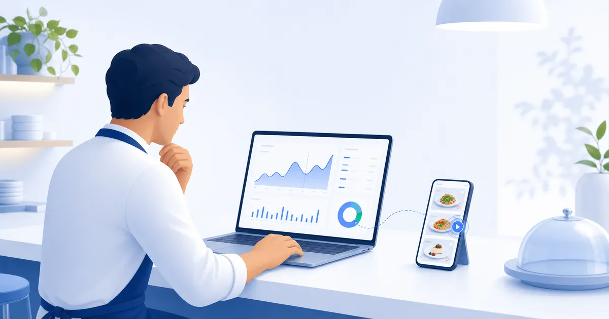 A restaurant owner reviewing menu analytics on a laptop beside a phone showing dish cards