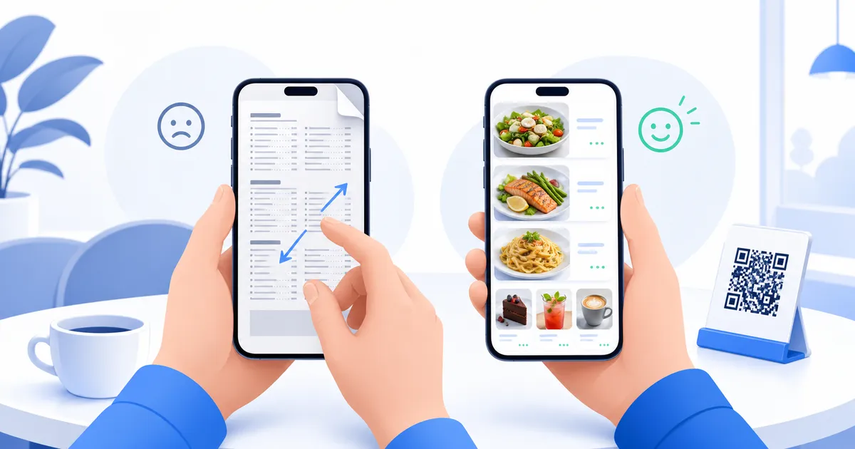 Two phones comparing a cramped PDF menu and a photo-rich digital menu beside a cafe QR stand