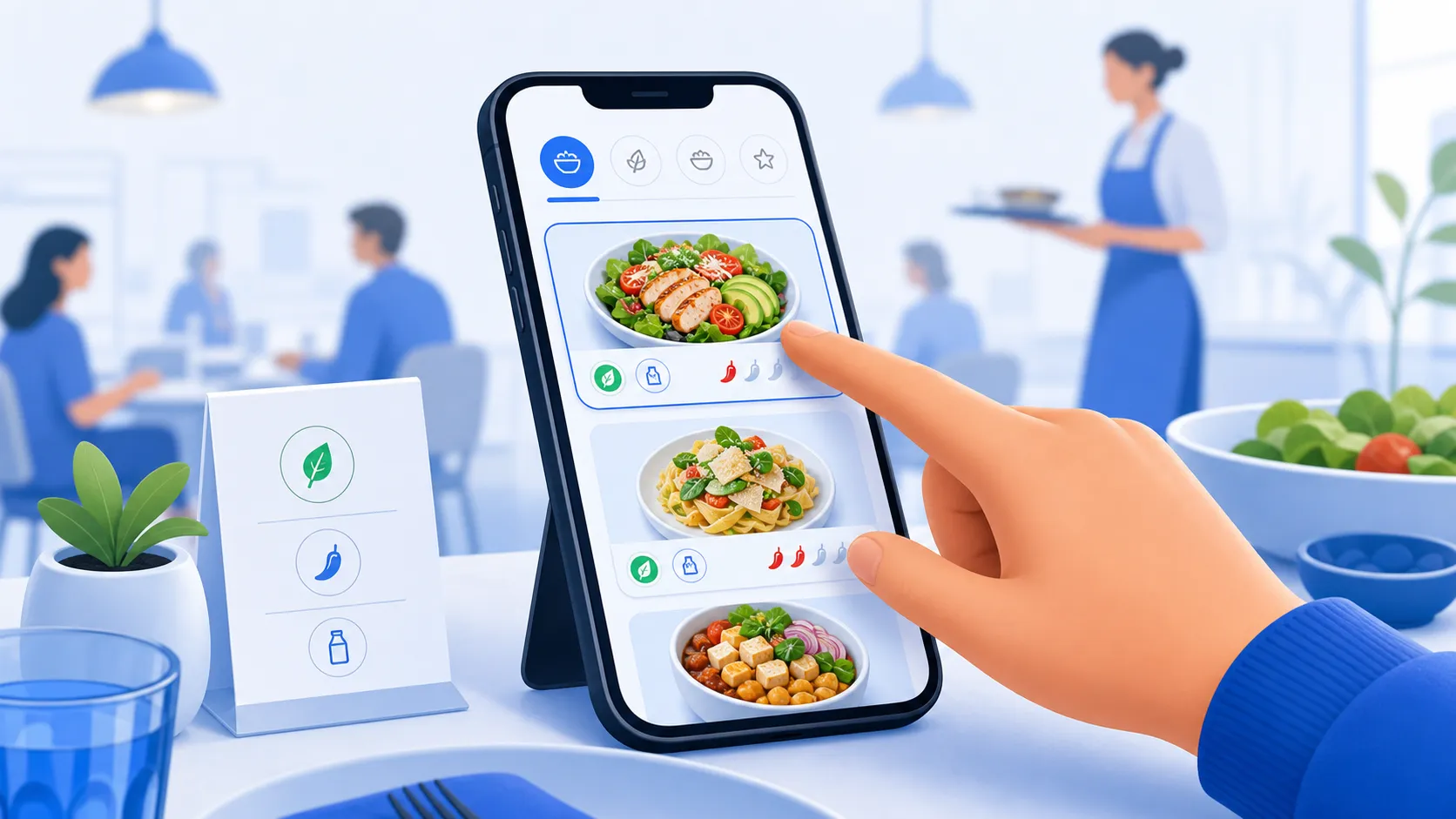 A customer selecting a dish from a visual digital menu with clear photos, symbols, and categories