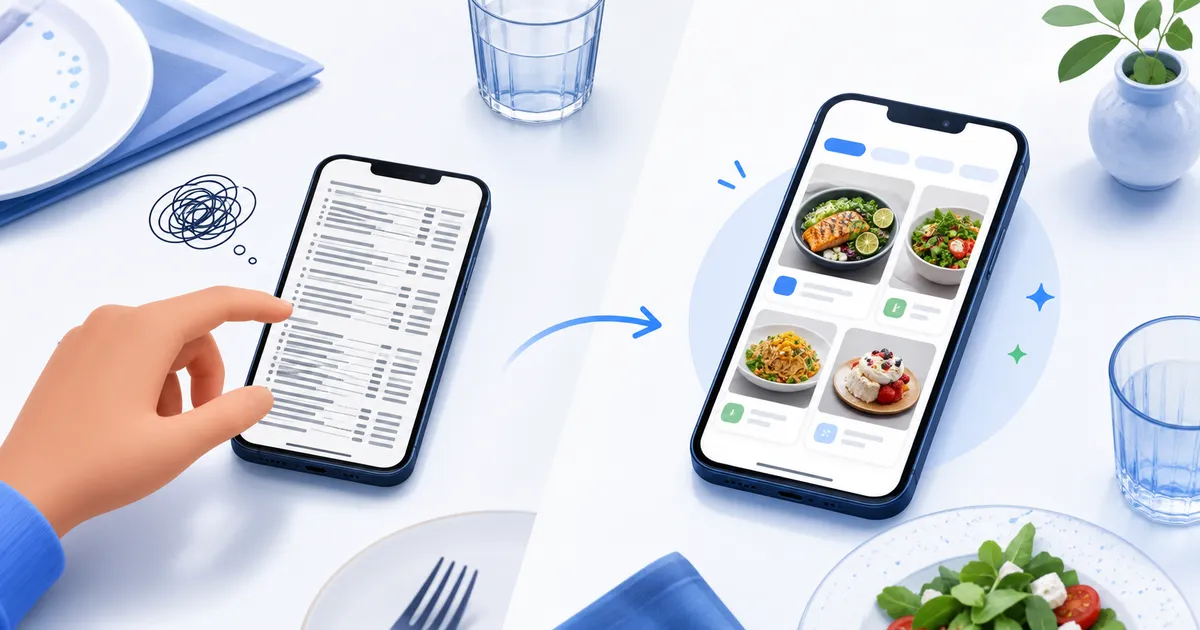 Two phones comparing a crowded text menu with a clearer visual digital menu