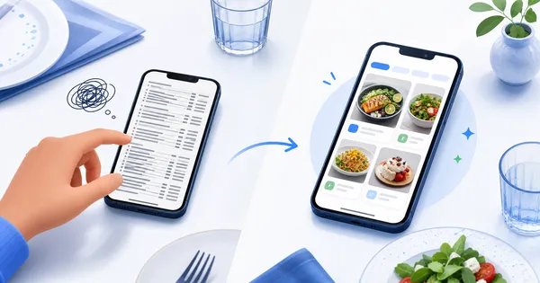 Two phones comparing a crowded text menu with a clearer visual digital menu